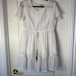 White Gold Polka Dot Boho Dress Tassel Waist Tiered Summer Dress
